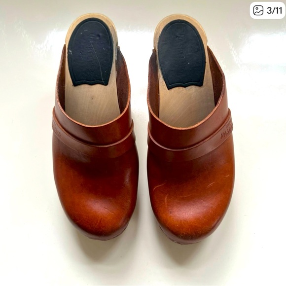 Hasbeens Clogs Leather Heeled Swedish Cognac Size 36 US 6 - Picture 1 of 4